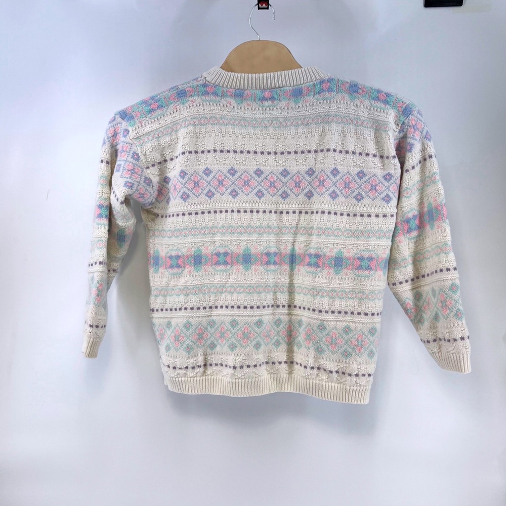 Vintage Sweaters by Jolie Pastel Geometric Knit Crewneck Sweater Ivory Pink Blue - Picture 3 of 8